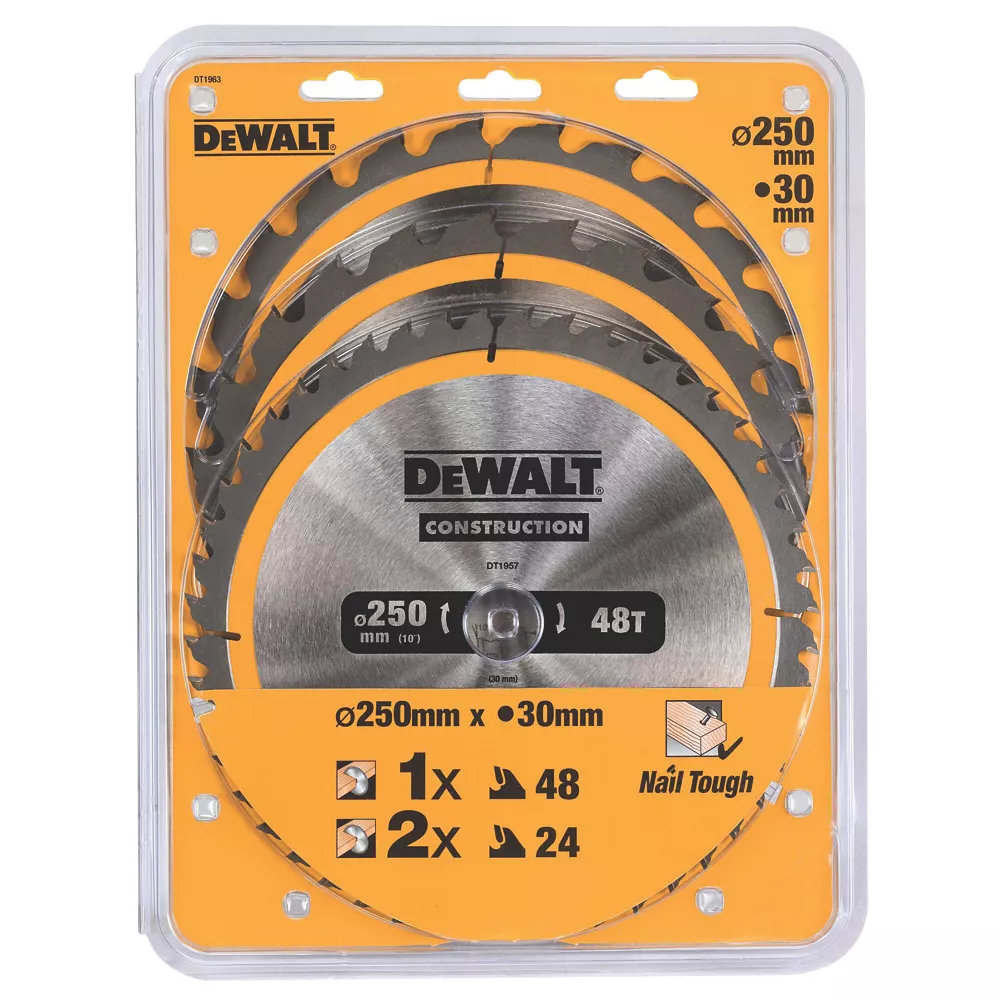 DeWalt Wood/Plastic Circular Saw Blade Set 250 X 30mm 24 / 48T 3 Pack - Image 2